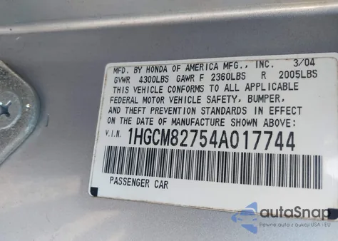 2004 Honda Accord 3.0 Ex from USA, damaged, VIN 1HGCM82754A017744